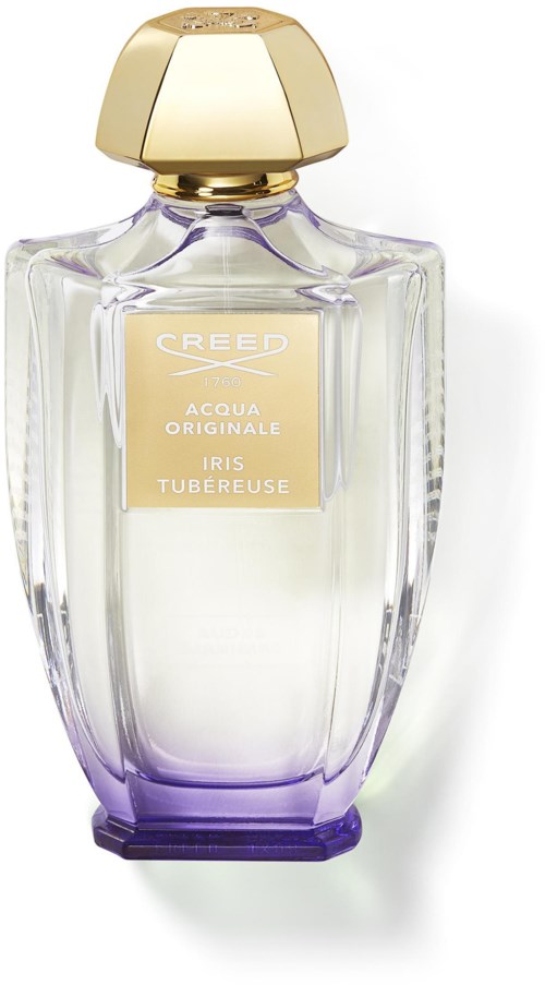 A perfume bottle with gold cap, light yellow label, and purple base, contains Creed Iris Tuberose fragrance.