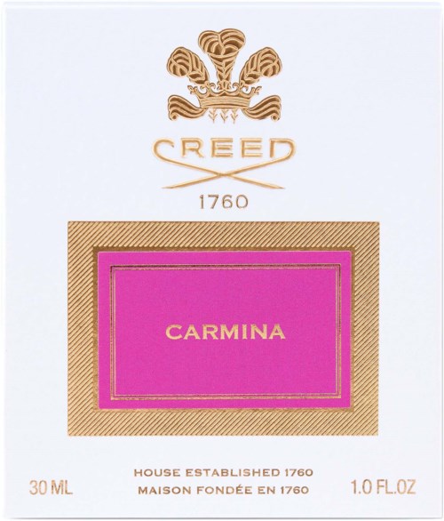 En etikett med ett gyllene emblem högst upp, ordet 'CREED 1760' och en rosa ruta med 'CARMINA' i guld.