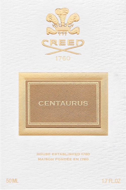En lyxparfymflaska med gyllene detaljer, namnet 'Centaurus' och Creed-logotyp med krona och året 1760.
