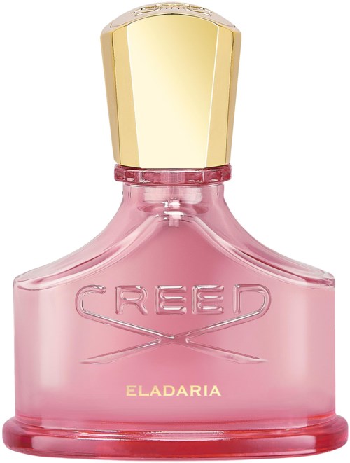 En rosa parfymflaska med ett guldlock, ingraverad med orden "CREED" och "ELADARIA."