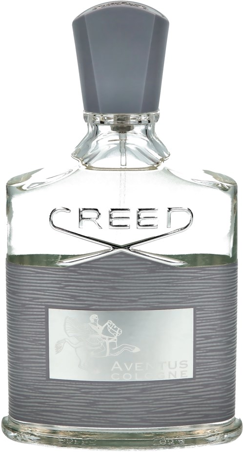 A clear glass bottle with a silver cap, labeled Creed and featuring a gray, textured band around the middle.