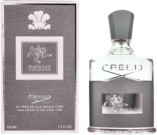 A perfume bottle and box, both labeled 'CREED Aventus Cologne,' with a lion and eagle logo, and grey packaging.