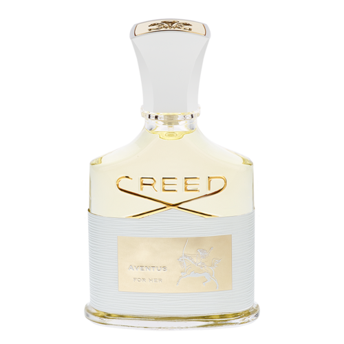 En vit parfymflaska med gulddetaljer, märkt 'CREED' och 'AVENTUS FOR HER'.