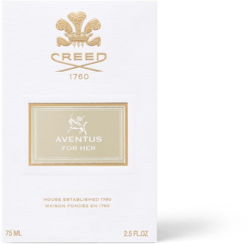 A perfume box featuring the Creed logo, gold crest, and Aventus For Her label with beige and white design.
