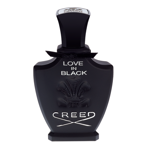 Svart parfymflaska med ordena 'Love in Black' och 'Creed'. Den har en blommönster på framsidan.