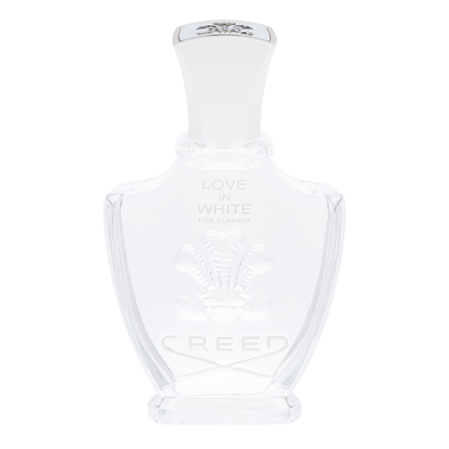 En parfymflaska märkt 'Love in White' av Creed, klar glas med vit lock, elegant form och präglad text.