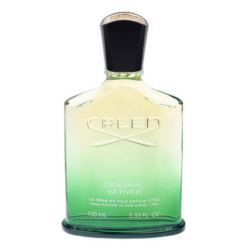 En parfymflaska med svart lock, grönt tonande glas, inristat 'CRED', innehåller 100 ml doft.