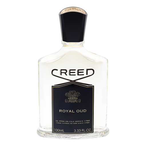 En tydlig parfyllflaska märkt 'CREED ROYAL OUD' med svart lock och gulddetaljer.