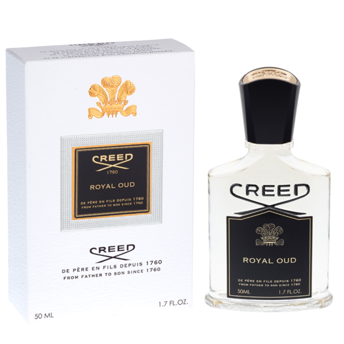 En parfyllflaska och låda märkt 'Creed Royal Oud', med guld- och svartdetaljer, i en enkel, elegant design.