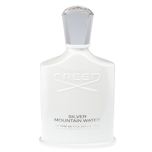 En vit flaska med ljusblå kork märkt Creed Silver Mountain Water, troligen en parfym eller cologne.