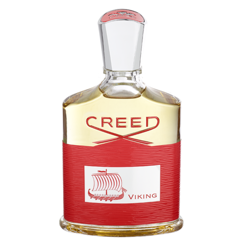 En flaska Creed Viking doft med rött märke och en skeppslogo.