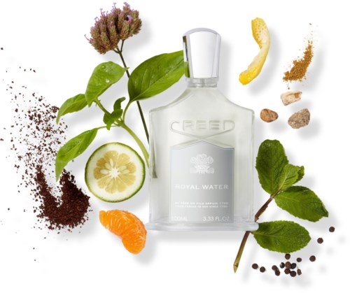 En klar flaska med Creed Royal Water-parfym omgiven av citron, örter, kryddor och naturliga ingredienser.