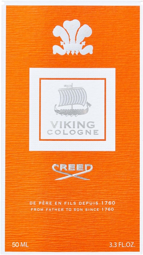Orange förpackning med en vit logo av en liljeakant vid toppen, en skeppsillustration och text om Viking Cologne och Creed.
