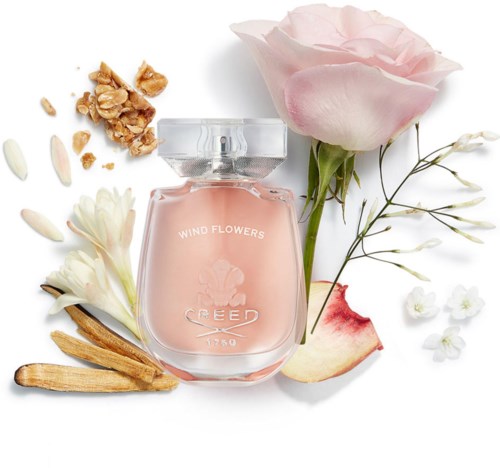 En rosa parfymflaska omgiven av blommor, petaljer och naturliga ingredienser som nötter och trä.