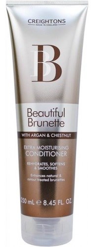 En hvit og brun tube merket 'Beautiful Brunette' med balsam med argan og kastanj for hår.