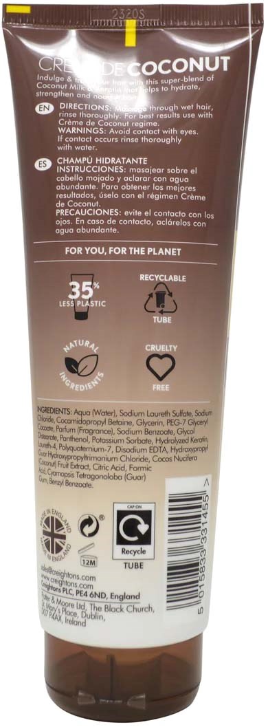Brązowa tubka maski do włosów z kokosem z symbolami recyklingu i cruelty-free, pokazuje korzyści produktu i instrukcje.