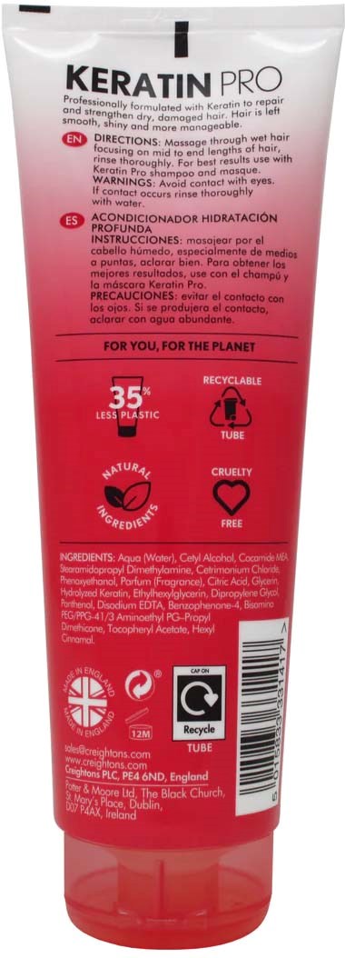 Czerwona i biała tubka oznaczona "KERATIN PRO" z instrukcjami, ikonami recyklingu i symbolem cruelty-free.