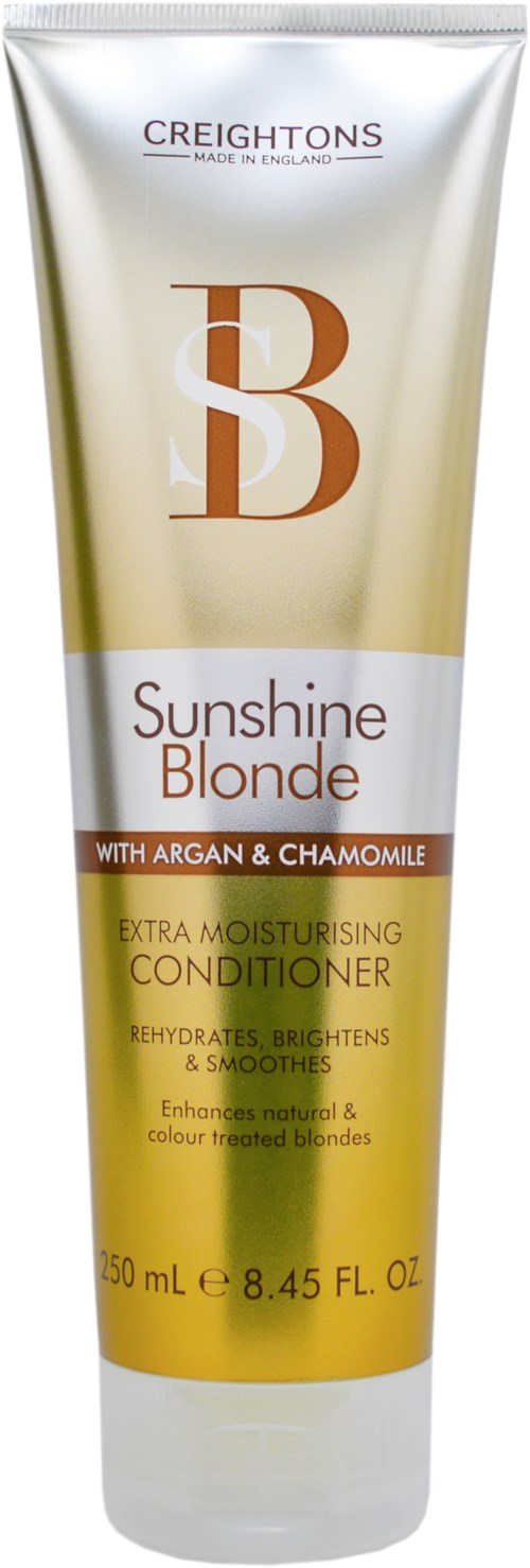 En tube med Sunshine Blonde balsam, med argan og kamille, fremmer fuktighet, glans og glatthet for blondt hår.