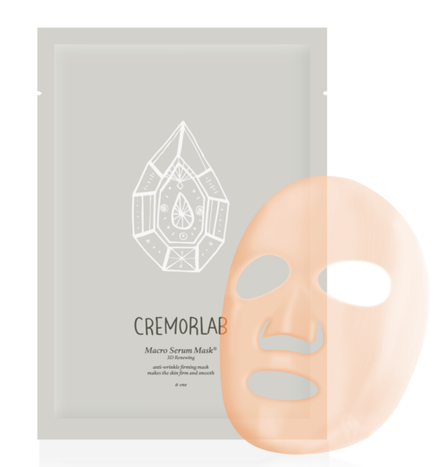 Ett ansiktsmaskpaket med en maskdel som delvis är på, visar ögon-, näs- och munhål.