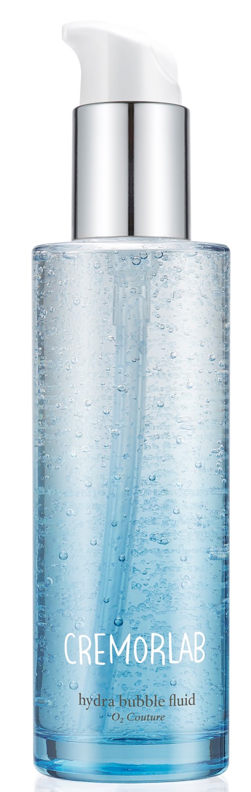 En klar flaska med blått vätska och bubblor, märkt 'Cremorlab hydra bubble fluid.'