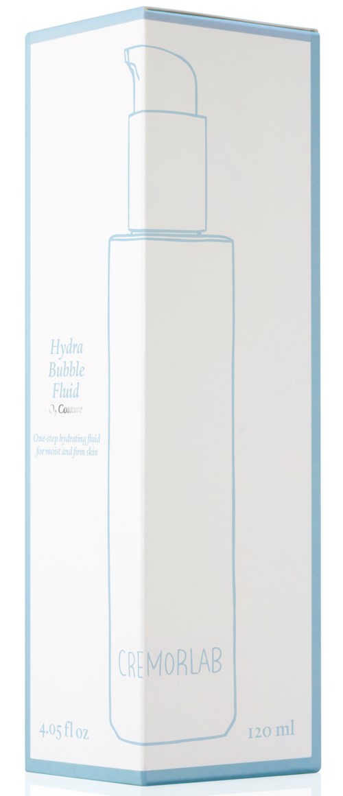En lång, vit låda med ljusblåa detaljer som visar en flaska med pump, märkt 'Hydra Bubble Elixir' och 'Cremoralab.'