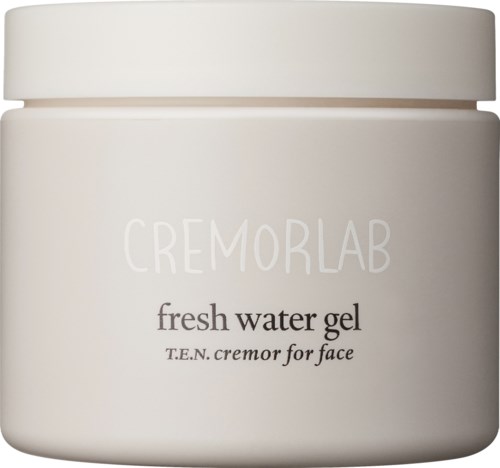 En vit burk med texten 'Cremorlab fresh water gel for face' och enkel design.
