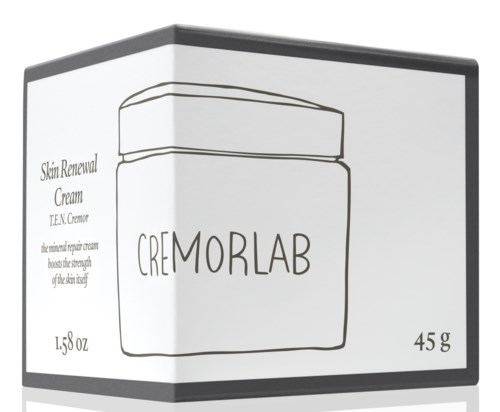 En låda med en skiss av en burk kallad Cremorlab, märkt som Slim Renewal Cream, väger 45 gram.