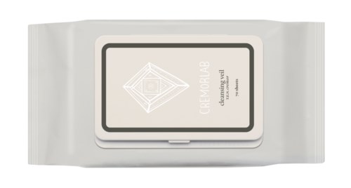 En vit förpackning med en etikett som säger "Cremolab" och en geometrisk design, troligen en hudvårds- eller kosmetikprodukt.