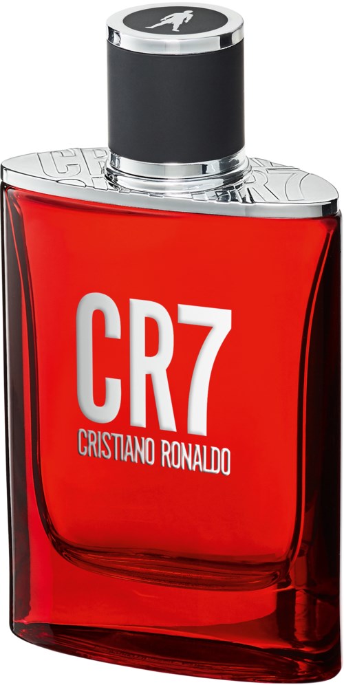 Eine rote Parfümflasche mit schwarzem Deckel, Beschriftung 'CR7 Cristiano Ronaldo,' im modernen, eleganten Design.