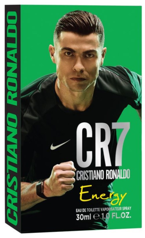 Cristiano Ronaldo, in black sportswear, is making a fist with a green background and text around him.