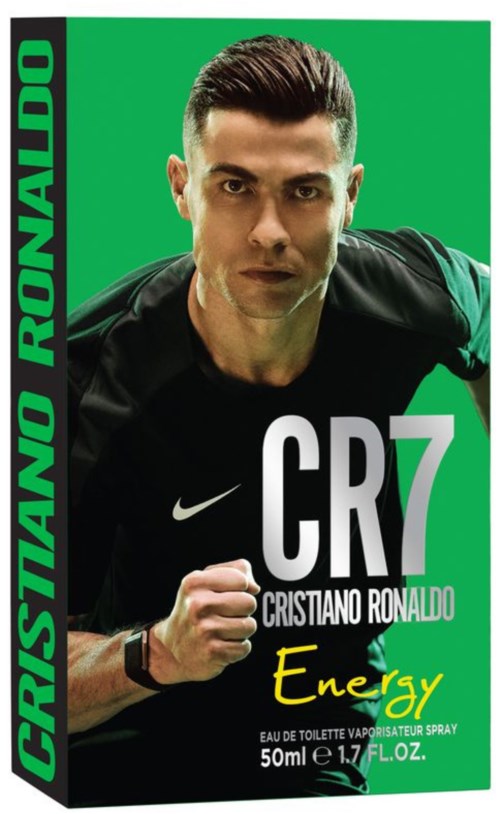 Cristiano Ronaldo logo for energy drink, with his portrait and product details.