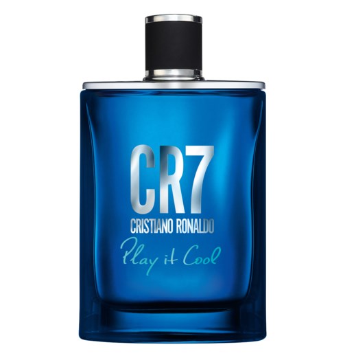 A blue perfume bottle with a black cap, labeled 'CR7 Cristiano Ronaldo Play It Cool.'