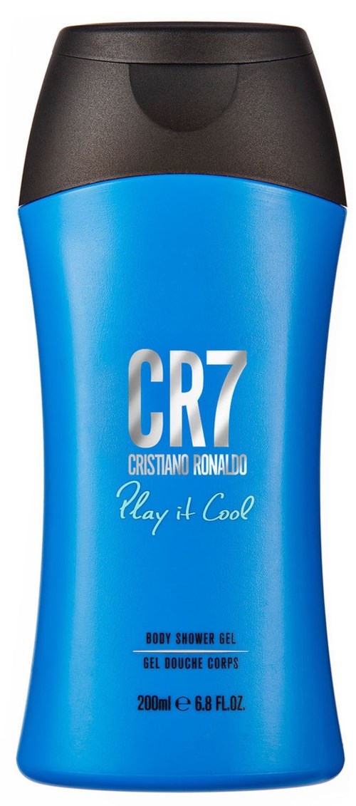 Blå kroppstvålflaska med svart lock, med CR7 Cristiano Ronaldo-tryck, och sloganen "Play it Cool."
