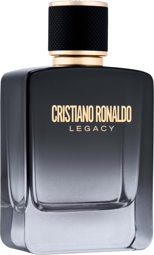 A dark-colored perfume bottle with gold accents and the words "Cristiano Ronaldo Legacy" on it.
