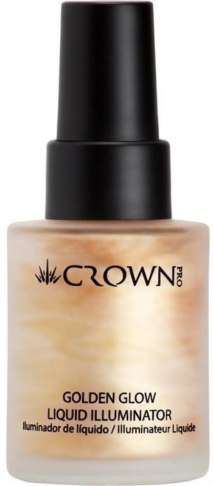 En flaska Crown Pro Golden Glow Liquid Illuminator med svart lock, beige flytande inuti, och varumärke och produktnamn.