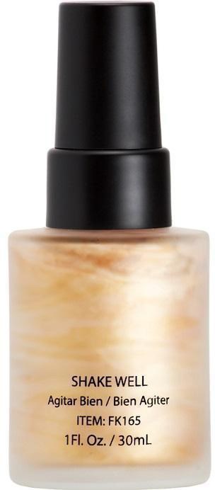 En flaska med flytande makeup eller foundation med svart lock och ljusbeige vätska inuti.