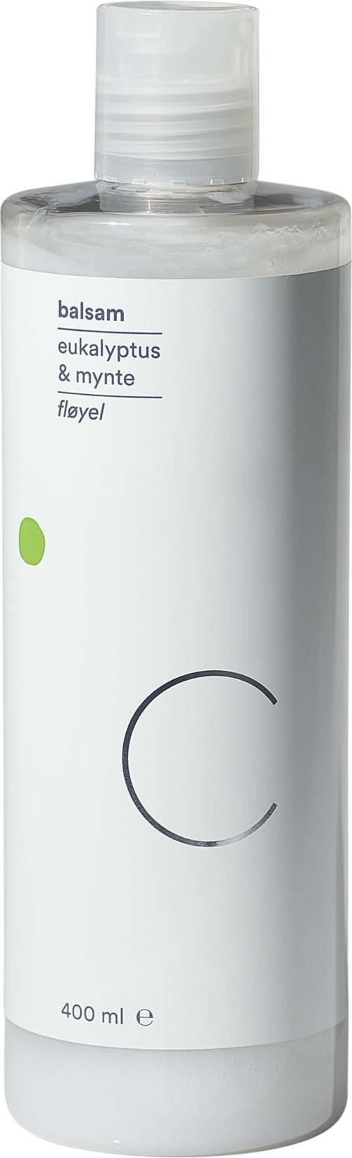 A tall, clear bottle with a white label and simple design. It has a flip cap, and the label shows eucalyptus and mint scent.