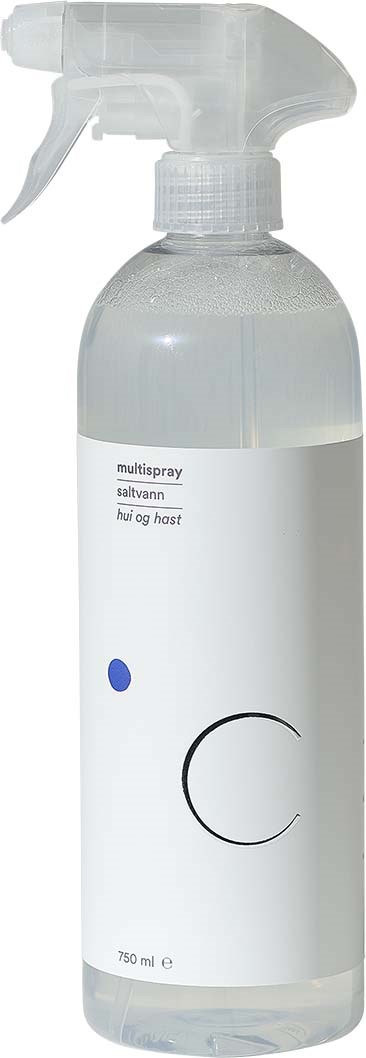En sprayflaske med hvit etikett, en blå prikk og et svart buet design.
