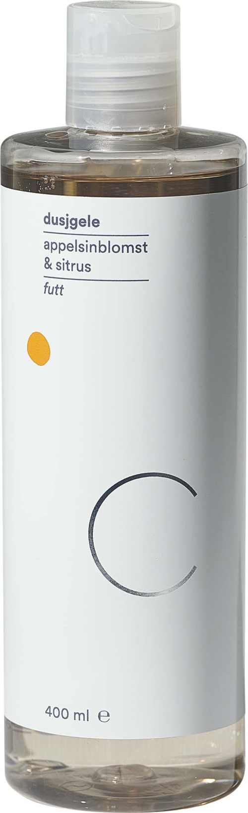 A clear bottle with a white label, yellow dot, and black circle, containing a liquid for skin or hair.