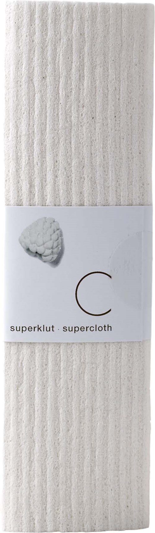 Een pakket wit doek met een label met een wattenbol en een metalen ring.