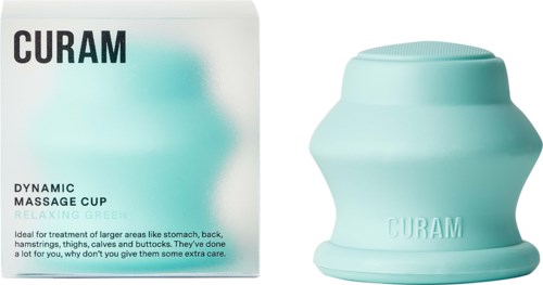 A teal-colored massager with a geometric shape next to a box labeled 'CURAM' and description.