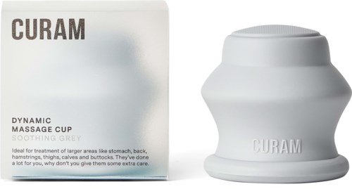 A white massage cup with a wide base beside its box, labeled for treating large areas like stomach and back.