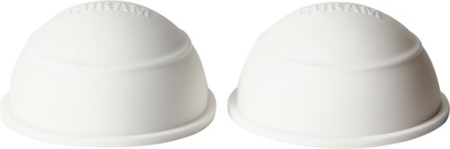 Two white disposable cups are placed side by side on a plain white background.