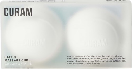 Two white massage cups labeled 'STATIC MASSAGE CUP CALMING WHITE' designed for smaller body areas.