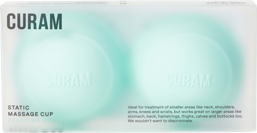 A box with two gel massage cups labeled 'CURAM' and description of their benefits.