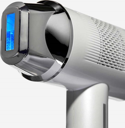 En moderne laser hårfjerning enhet med digital blå skjerm og sylindrisk form.