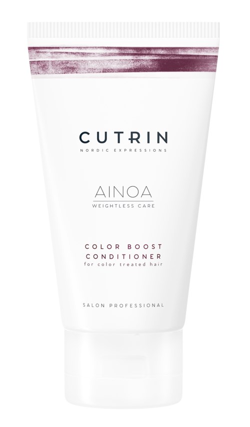 En vit tub med lila streck upptill, märkt 'Cutrin Ainoa Color Boost Conditioner' för färgbehandlat hår.