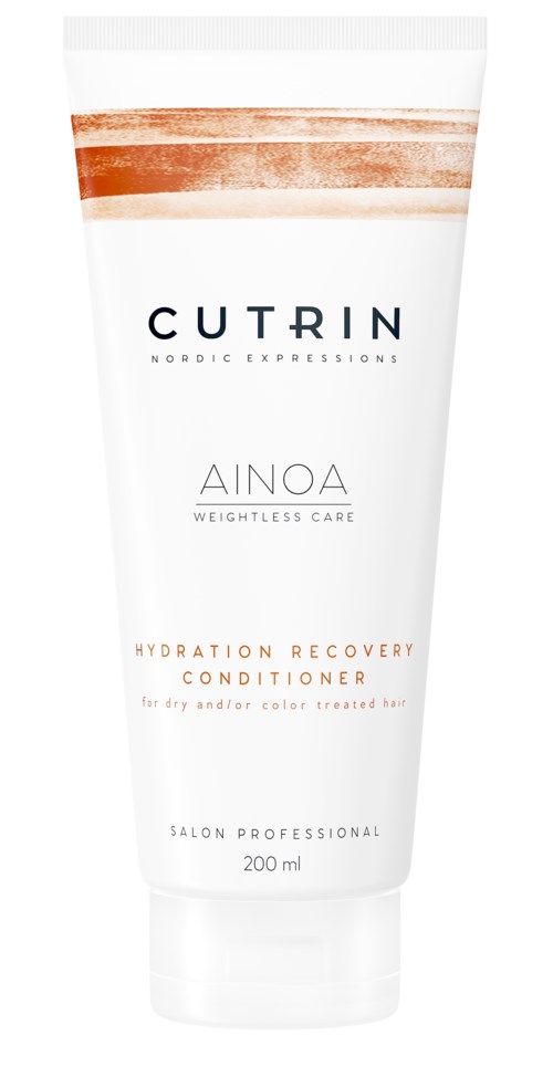 En vit tub märkt 'Cutrin Ainoa Hydration Recovery Conditioner' för torrt eller färgbehandlat hår, med kopparfärgade ränder längst upp.