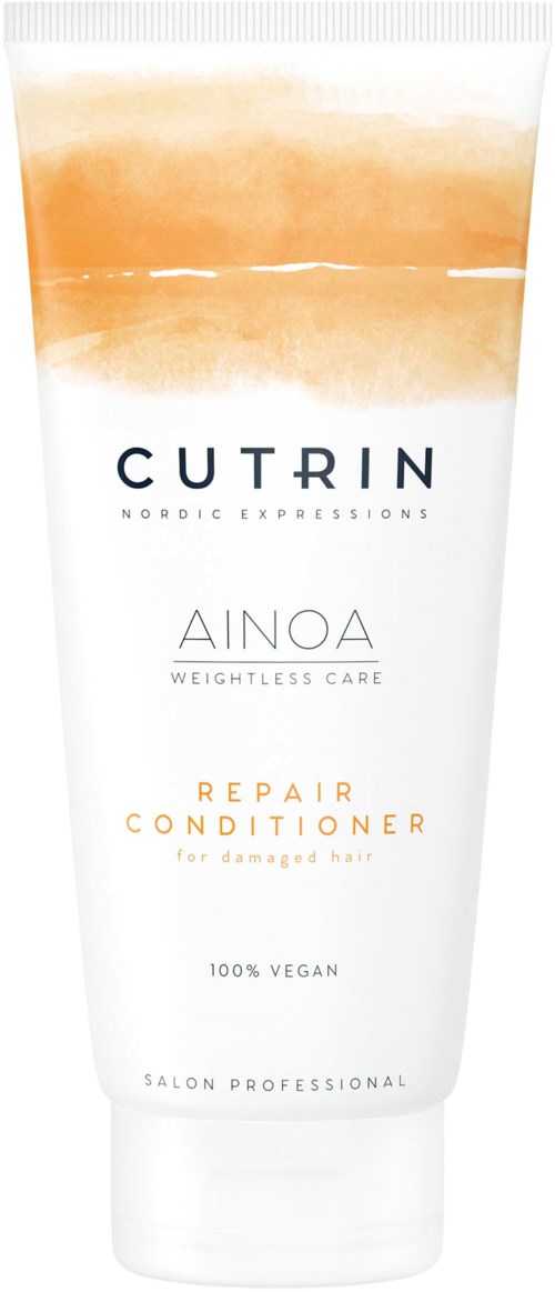 En vit tub med brunt-orange topp, märkt 'CUTRIN' och 'AINOA Repair Conditioner för skadat hår.'