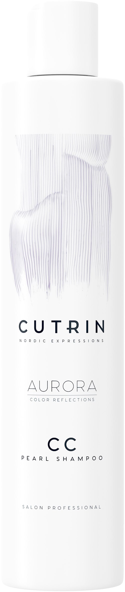 En vit schampoflaska märkt 'Cutrin Aurora CC Pearl Shampoo' med enkel design och svart text.